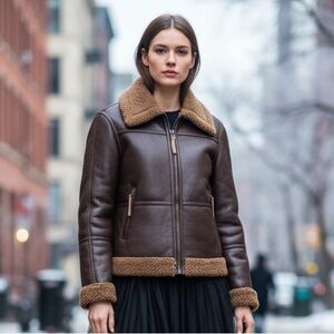 Bearpaw Brown Faux Leather Shearling Moto Jacket Aviator style Bomber Size M